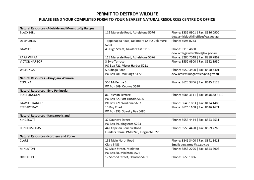 Permit to Destroy Wildlife Please Send Your Completed Form to Your Nearest Natural Resources Centre Or Office