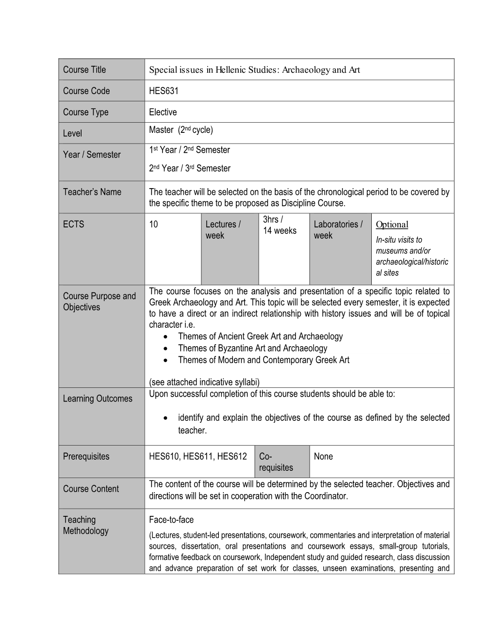 Archaeology and Art Course Code