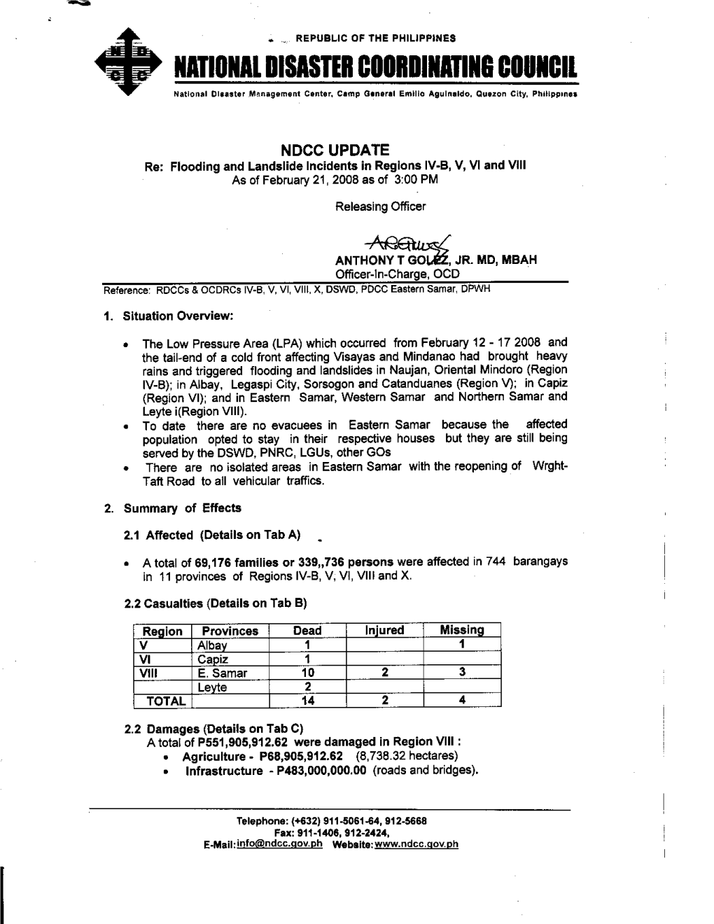 NDCC Update Re Flooding and Landslide in Regions 4-B, 5, 6 and 8