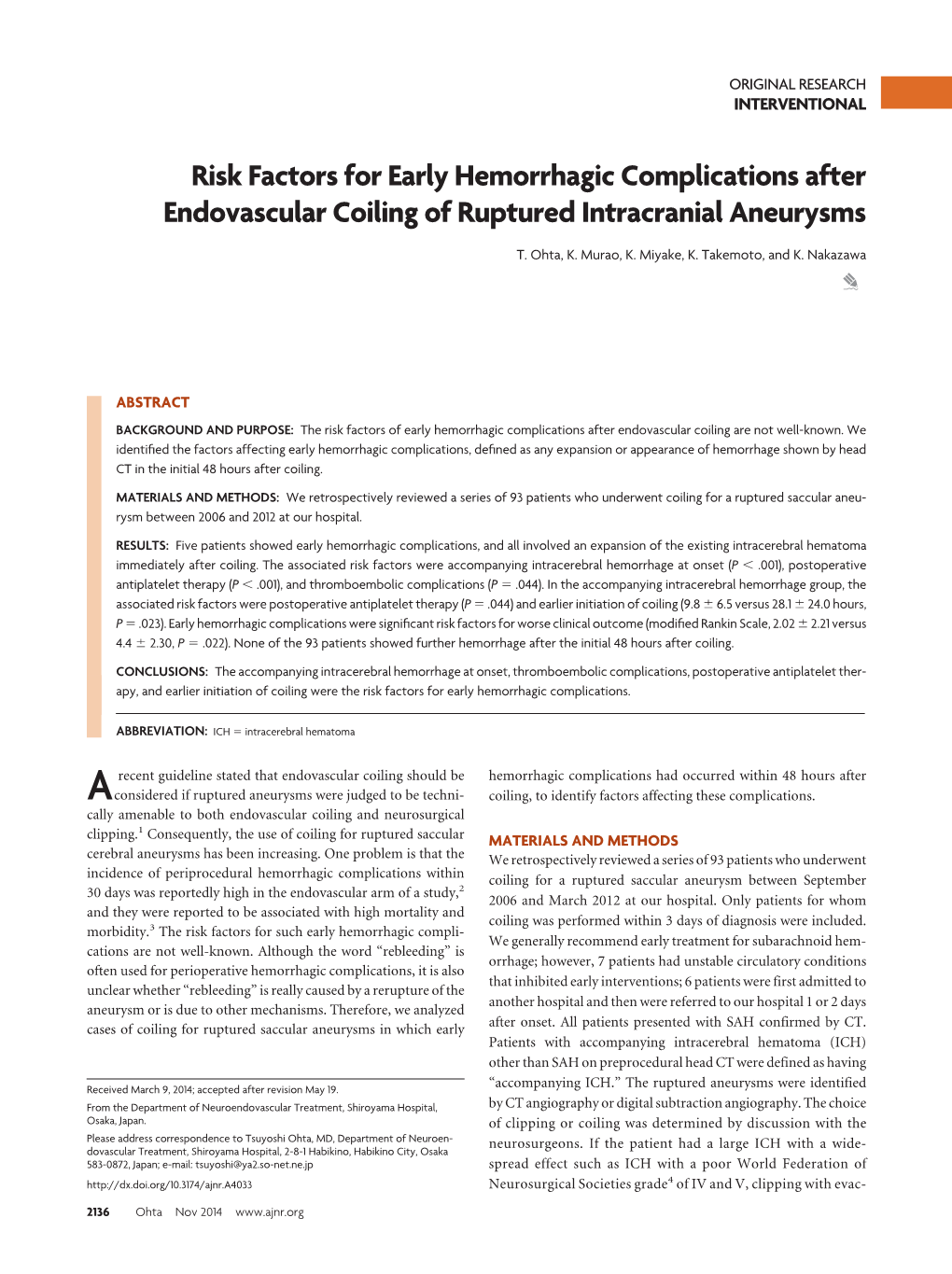 Risk Factors for Early Hemorrhagic Complications After Endovascular Coiling of Ruptured Intracranial Aneurysms