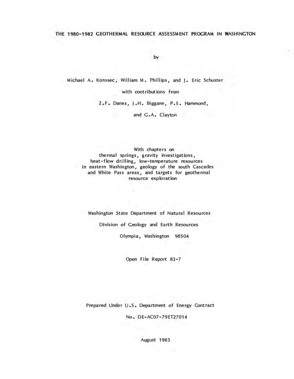 The 1980-1982 Geothermal Resource Assessment Program in Washington