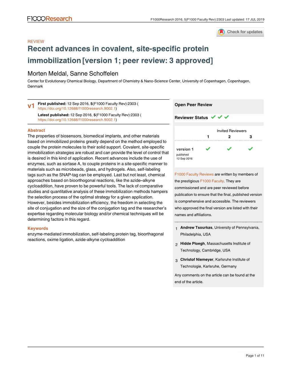 Recent Advances in Covalent, Site-Specific Protein Immobilization
