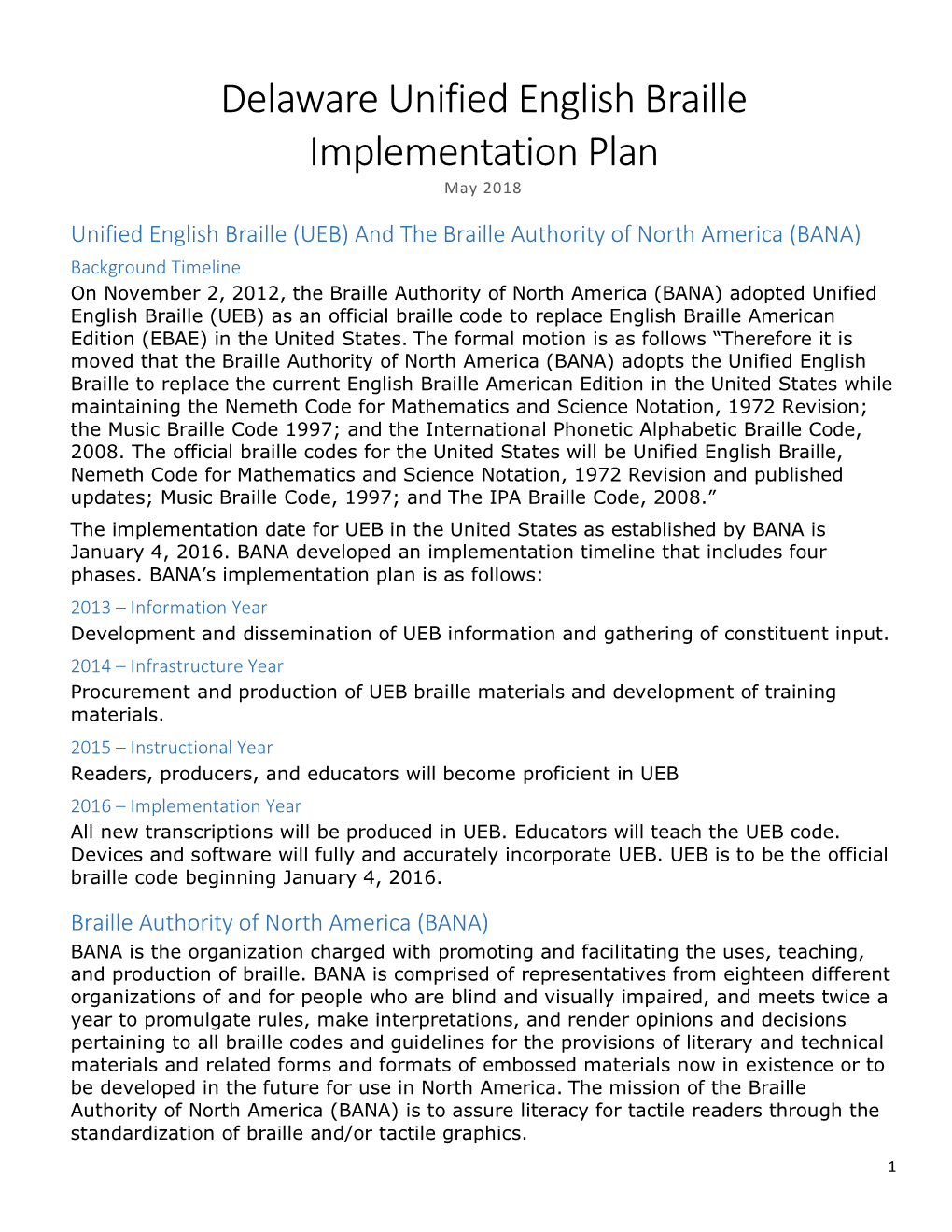Delaware Unified English Braille Implementation Plan May 2018