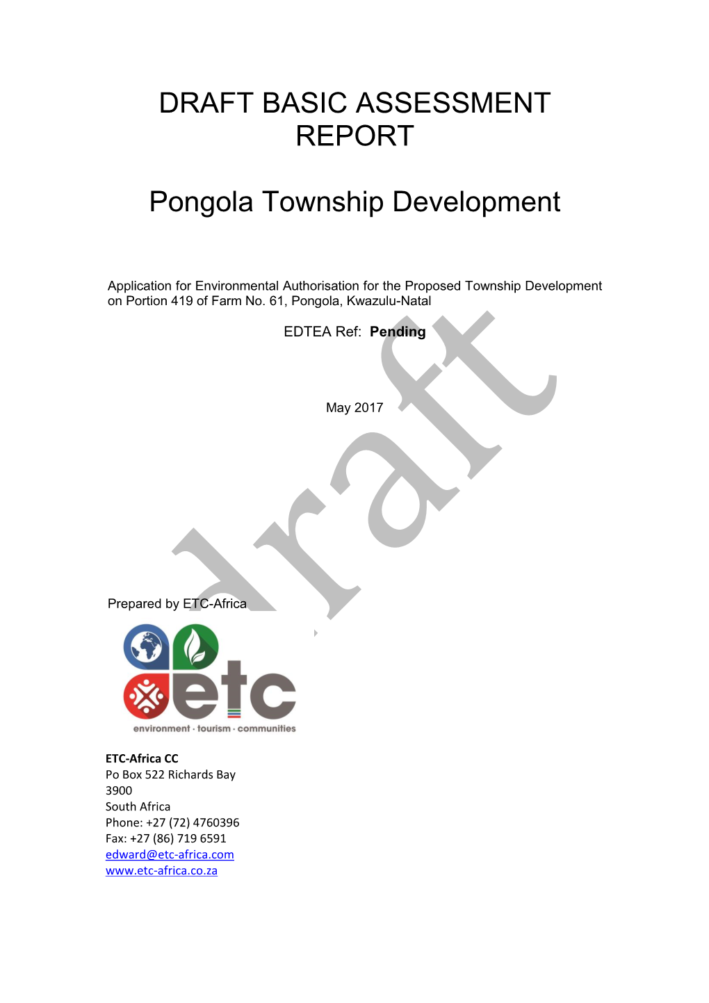 DRAFT BASIC ASSESSMENT REPORT Pongola Township