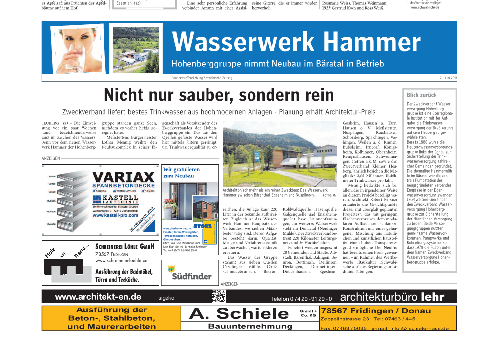 Wasserwerk Hammer Hohenberggruppe Nimmt Neubau Im Bäratal in Betrieb