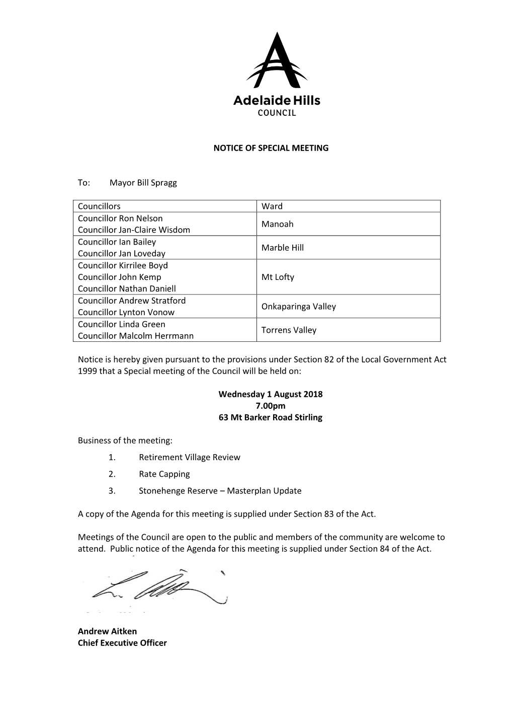 Agenda for Special Meeting