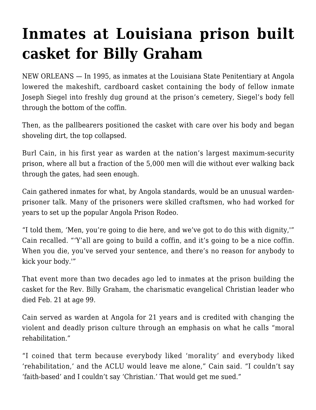 Inmates at Louisiana Prison Built Casket for Billy Graham