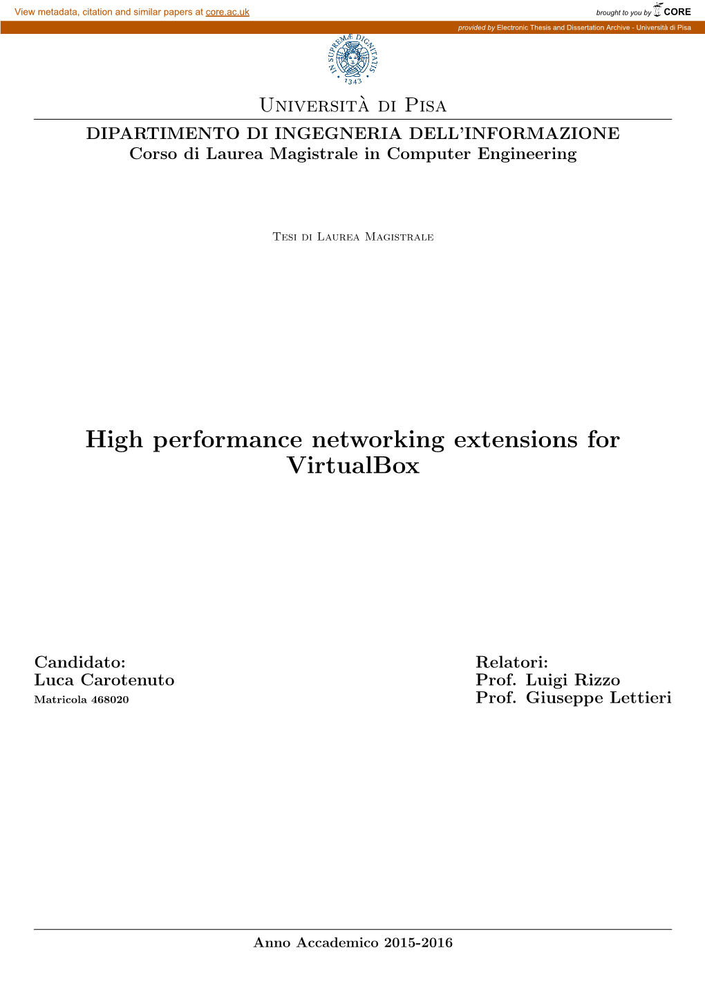 High Performance Networking Extensions for Virtualbox