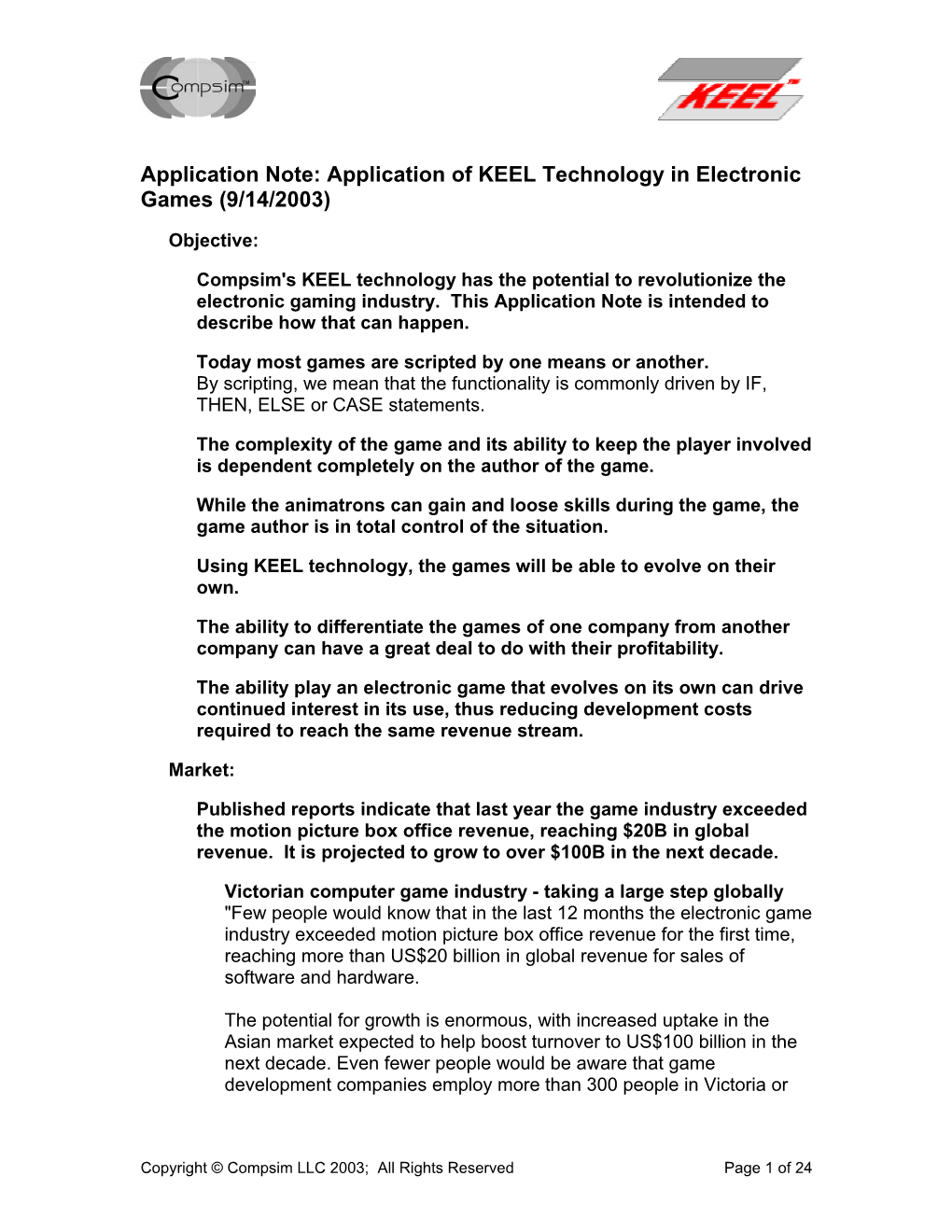 Application of KEEL Technology in Electronic Games (9/14/2003)