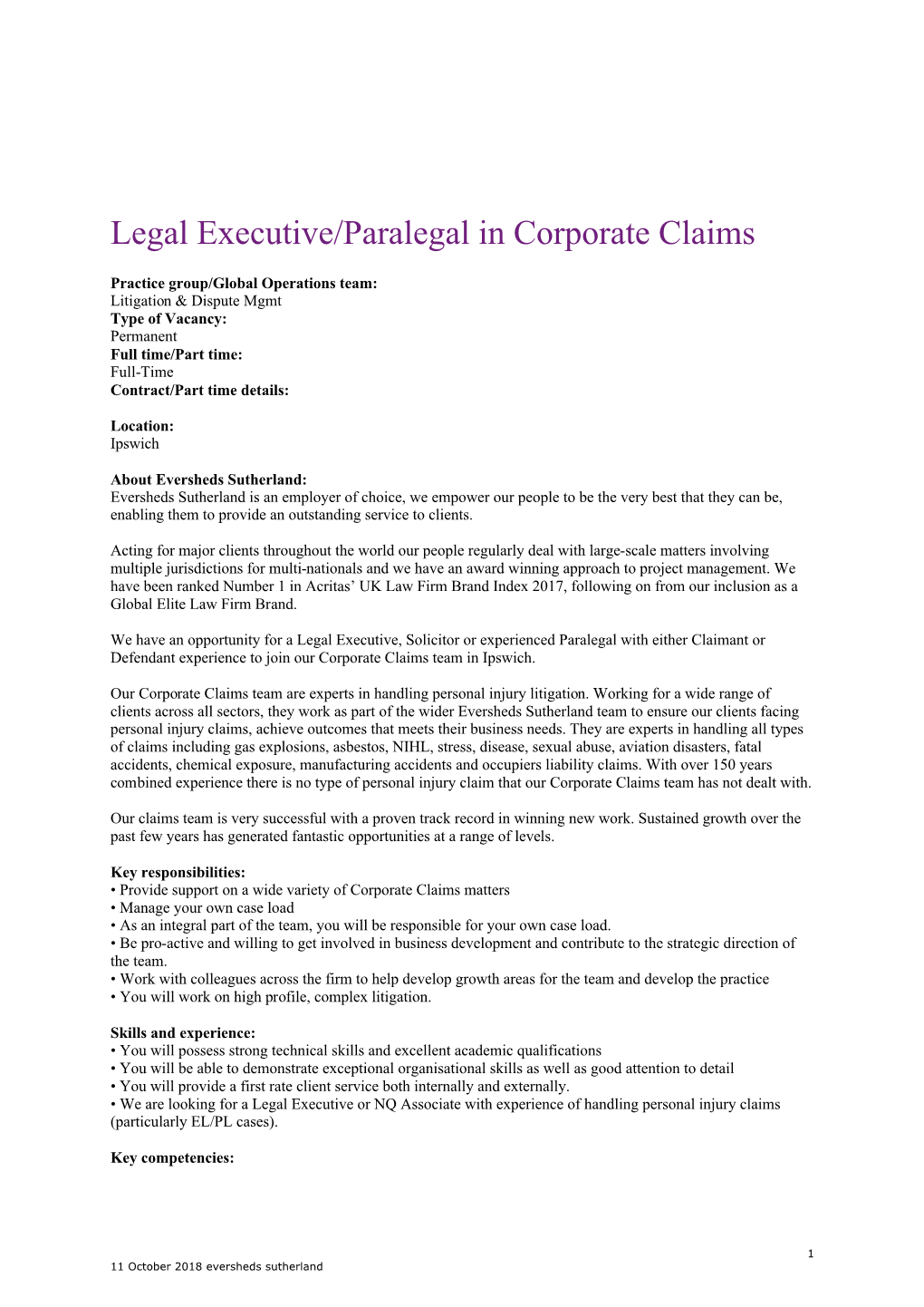 Legal Executive/Paralegal in Corporate Claims