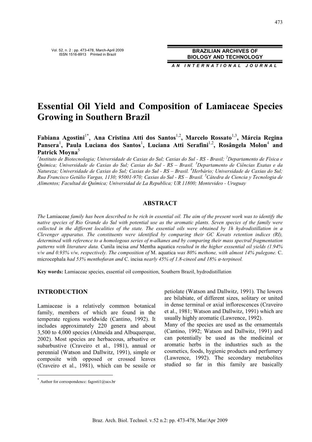 Essential Oil Yield and Composition of Lamiaceae Species Growing in Southern Brazil