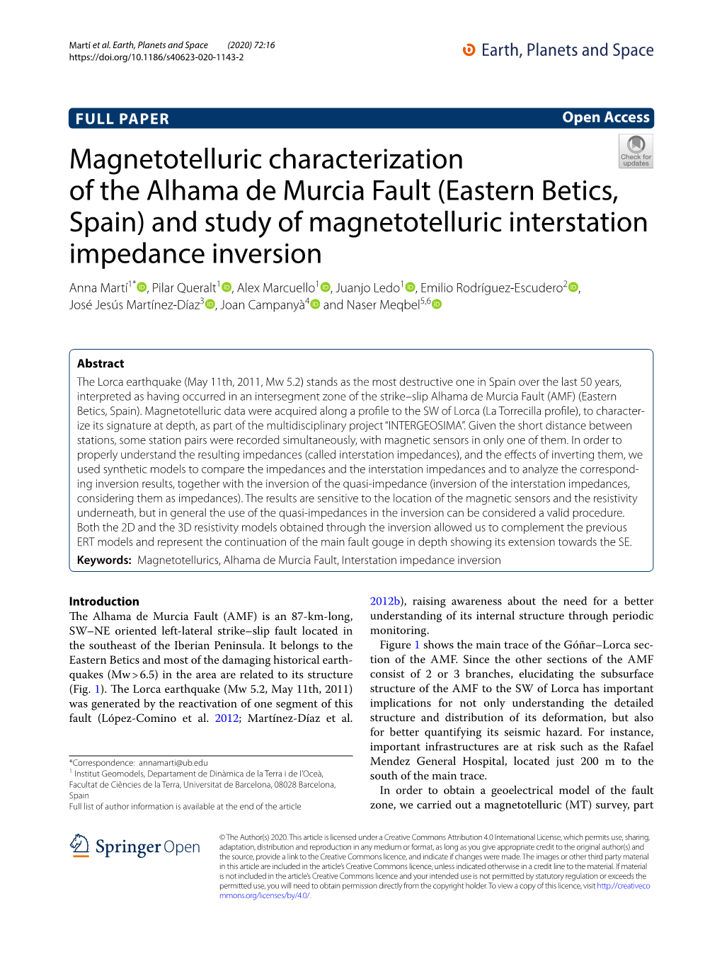 Magnetotelluric Characterization of the Alhama De Murcia Fault (Eastern