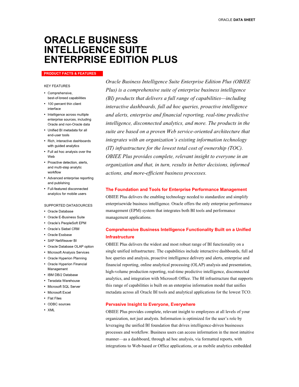 Oracle Business Intelligence Suite Enterprise Edition Plus Data Sheet