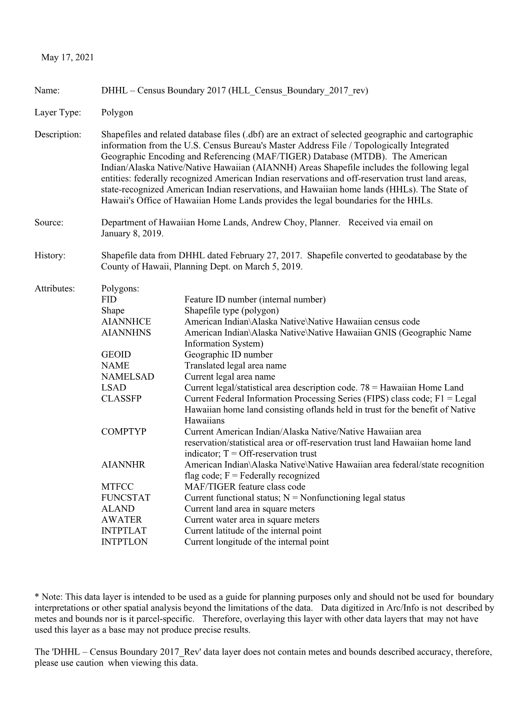 May 17, 2021 Name: DHHL – Census Boundary 2017 (HLL Census Boundary 2017 Rev) Layer Type: Polygon Description: Shapefiles