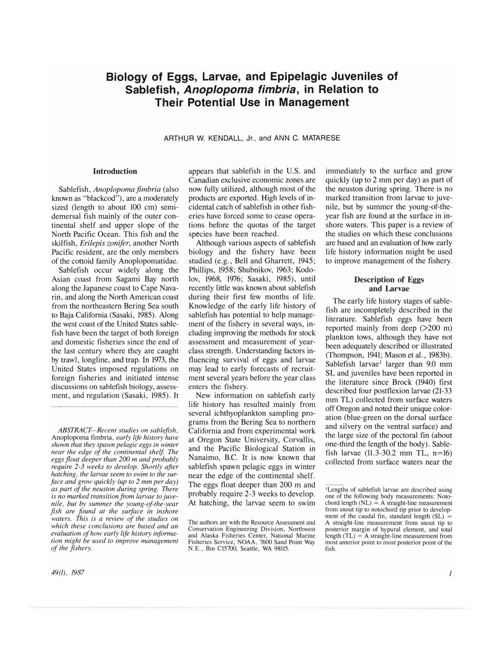 Biology of Eggs, Larvae, and Epipelagic Juveniles of Sablefish, Anoplopoma Fimbria, in Relation to Their Potential Use in Management