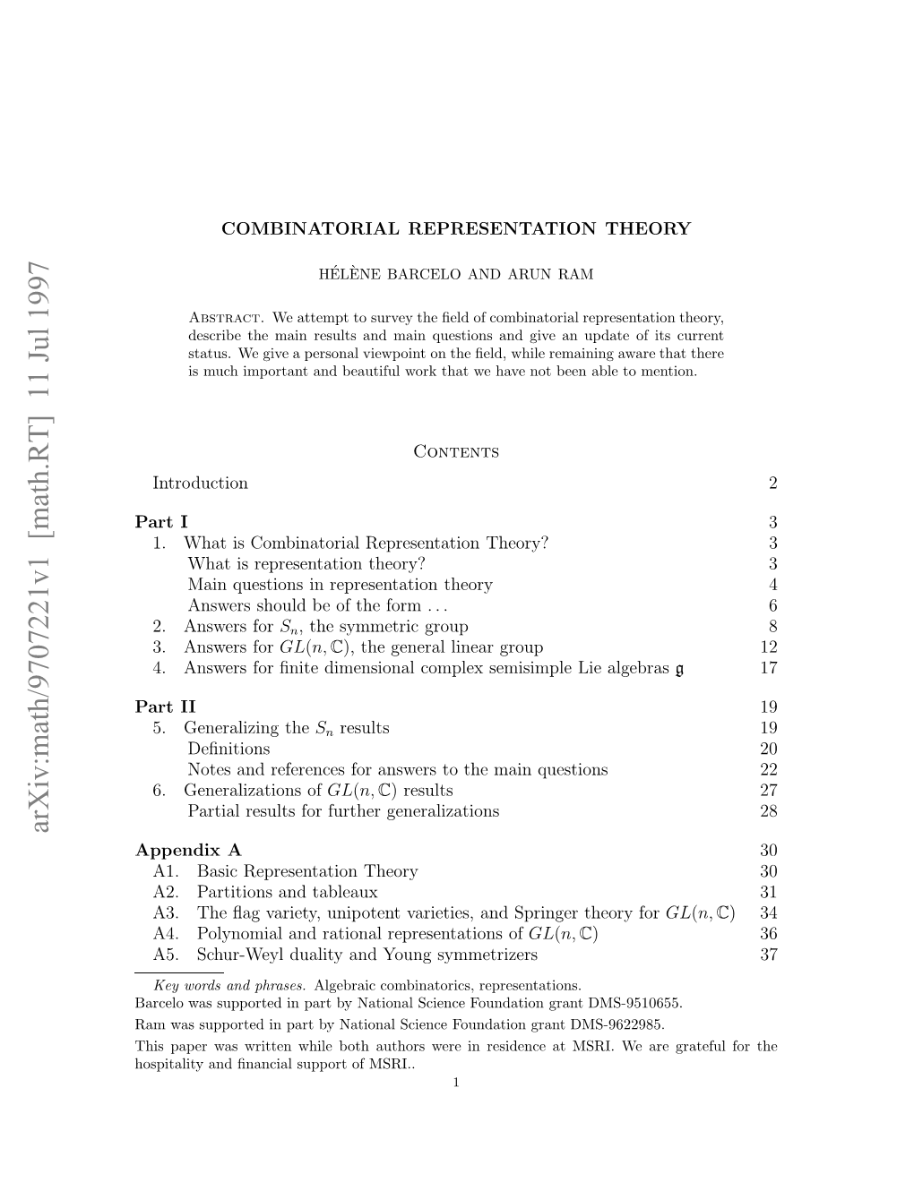 Arxiv:Math/9707221V1 [Math.RT] 11 Jul 1997 Hspprwswitnwiebt Uhr Eei Eiec a Residence in Were MSRI