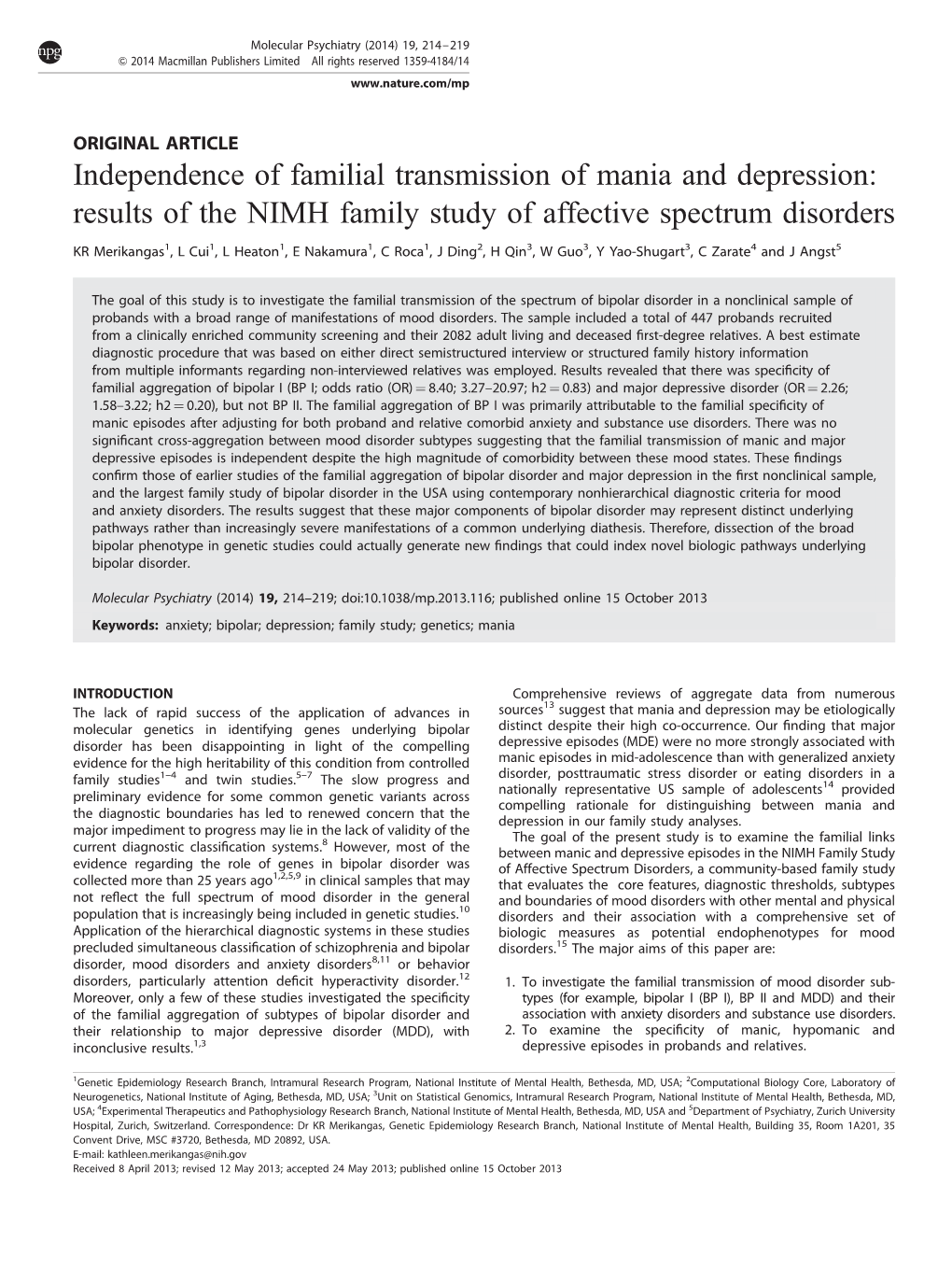 Independence of Familial Transmission of Mania and Depression: Results of the NIMH Family Study of Affective Spectrum Disorders