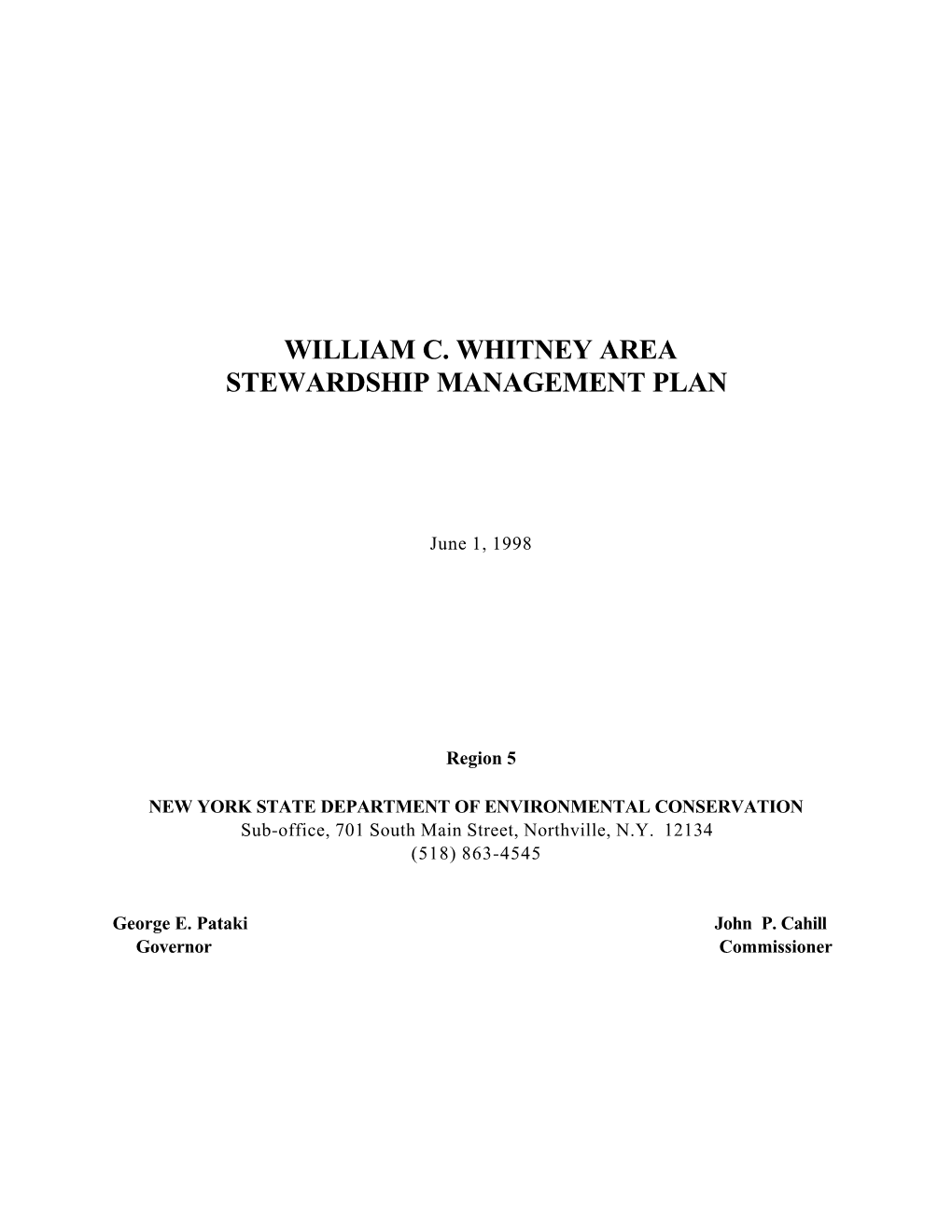 William C. Whitney Area Stewardship Management Plan