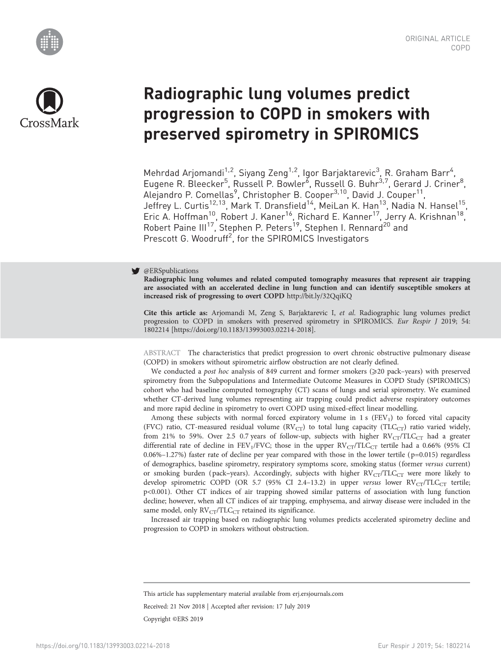 Radiographic Lung Volumes Predict Progression to COPD in Smokers with Preserved Spirometry in SPIROMICS