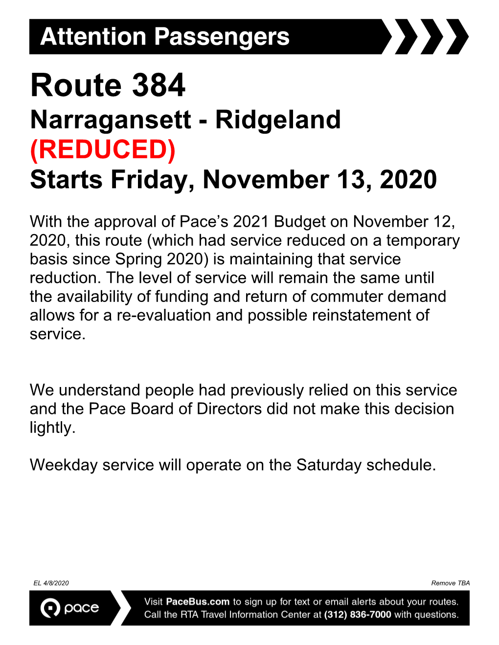 Route 384 Narragansett - Ridgeland (REDUCED) Starts Friday, November 13, 2020