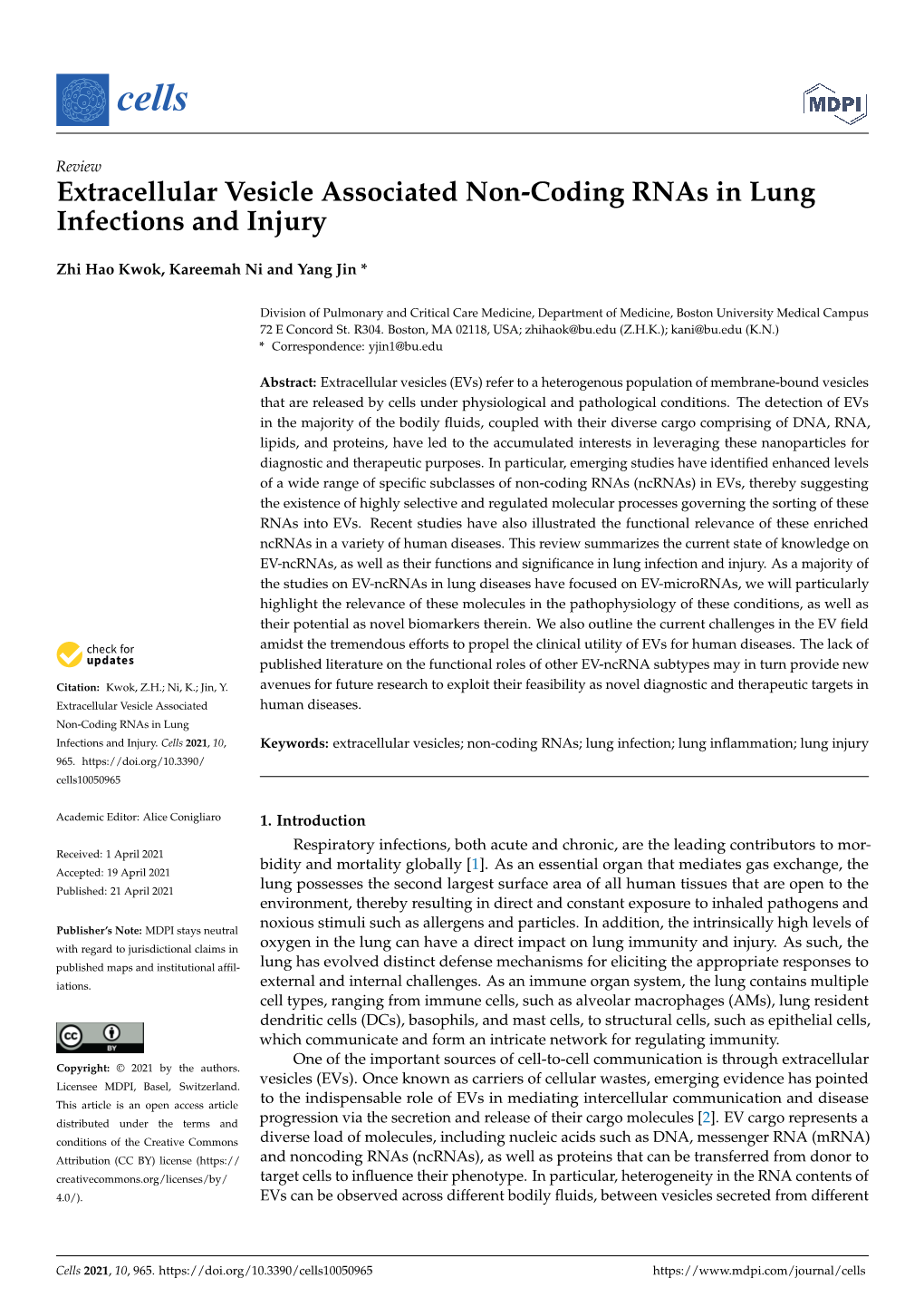 Extracellular Vesicle Associated Non-Coding Rnas in Lung Infections and Injury