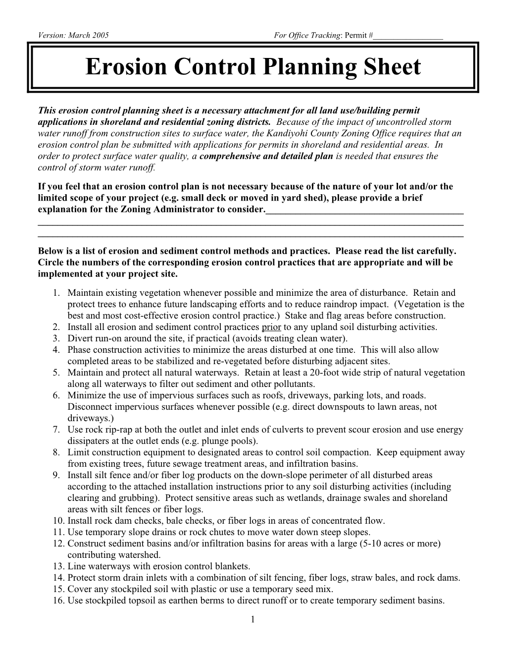 This Erosion Control Planning Sheet Is a Necessary Attachment for All Land Use/Building