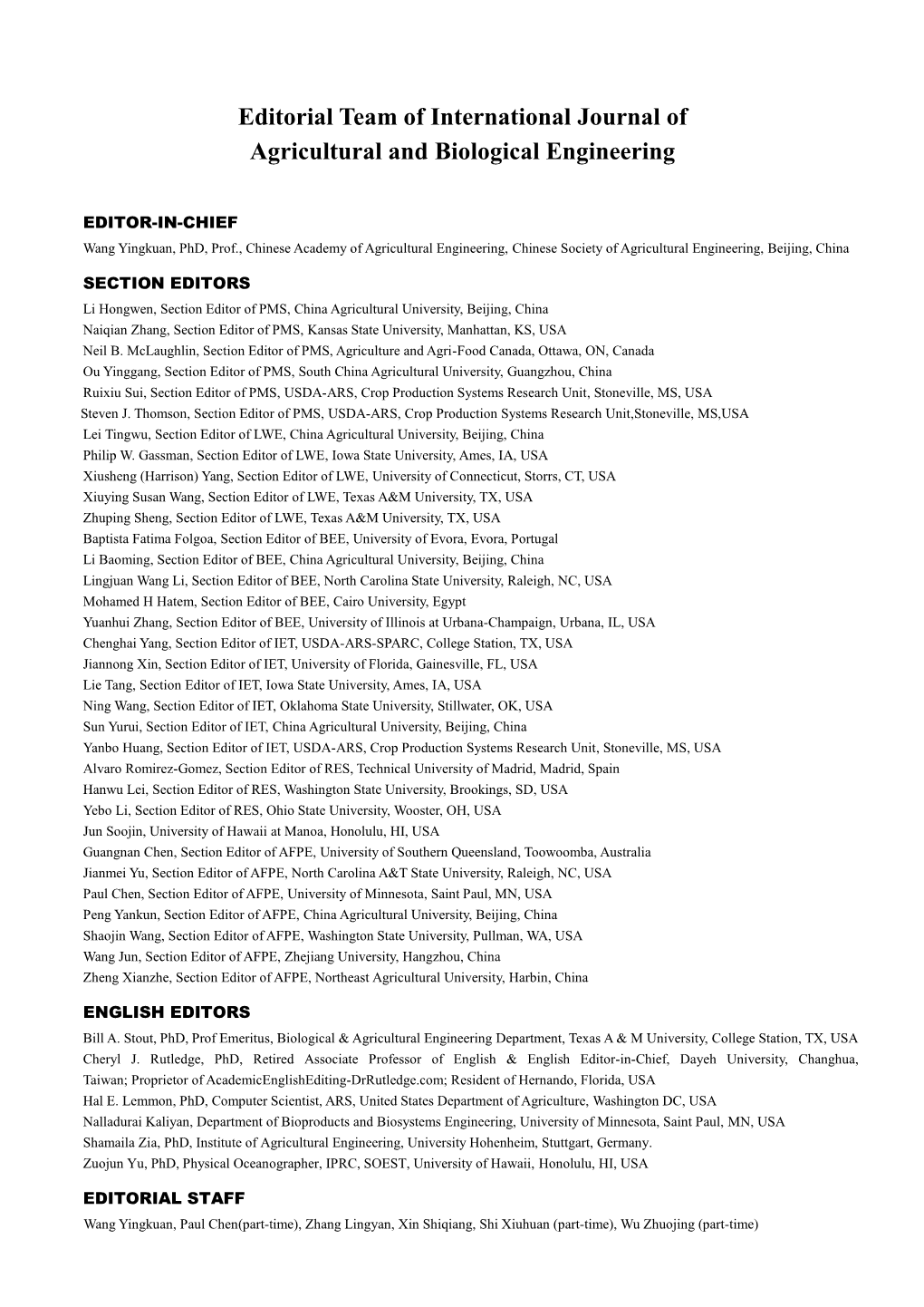 Editorial Team of International Journal of Agricultural and Biological Engineering