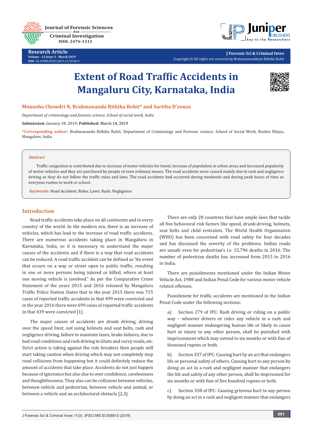 Extent of Road Traffic Accidents in Mangaluru City, Karnataka, India