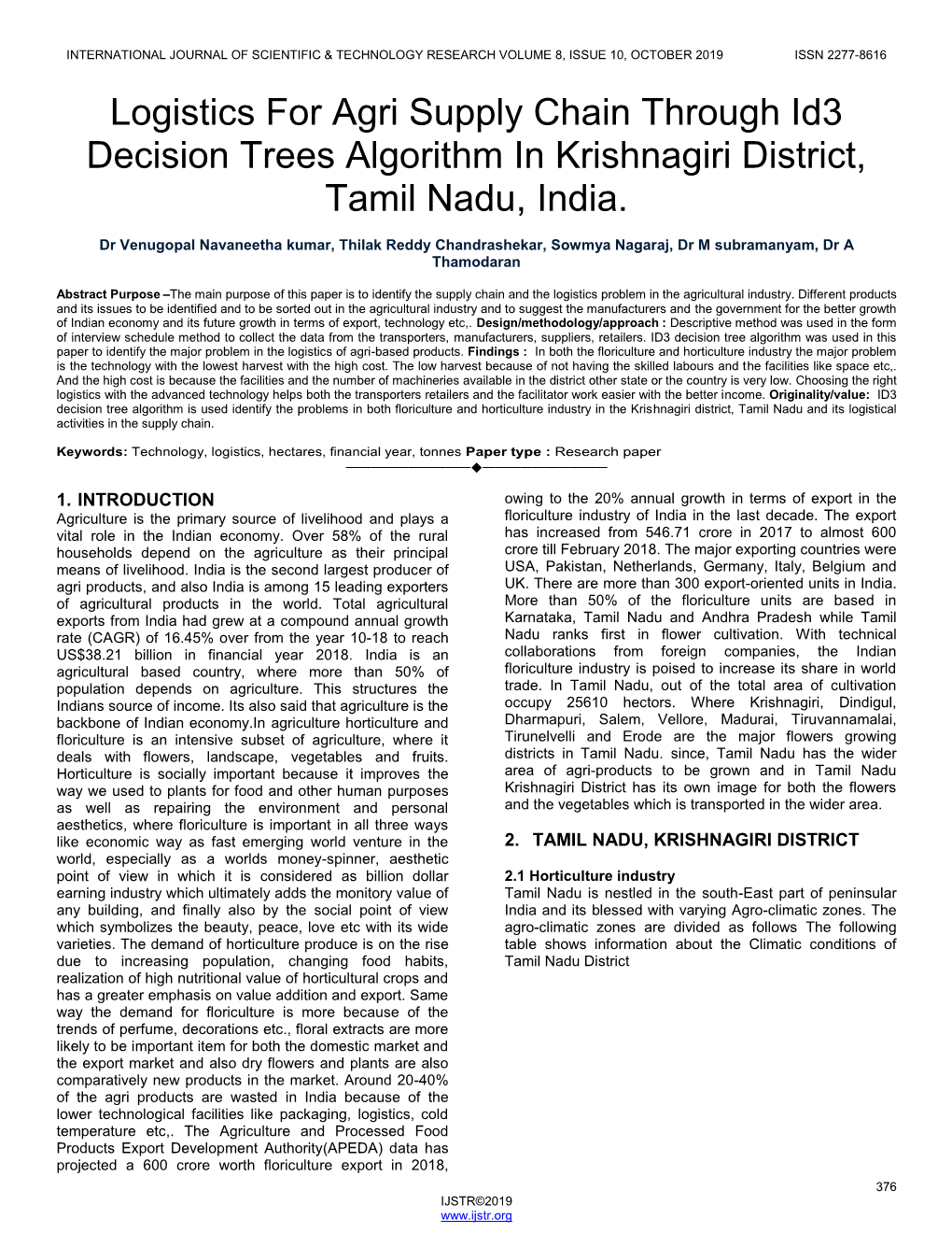 Logistics for Agri Supply Chain Through Id3 Decision Trees Algorithm in Krishnagiri District, Tamil Nadu, India