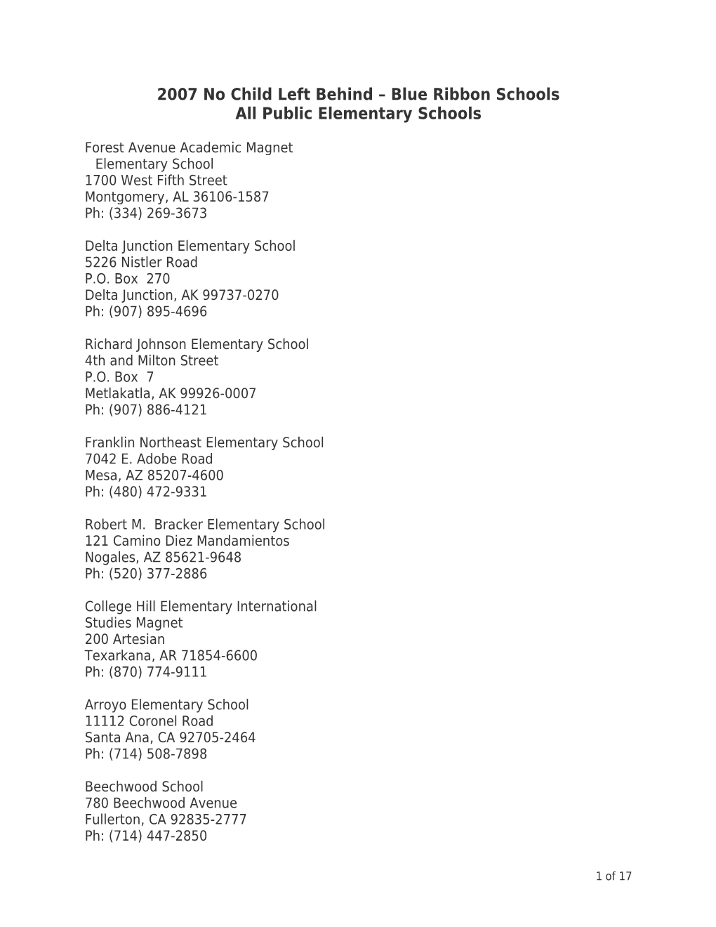 2007 NCLB-Blue Ribbon Schools: Public Elementary Schools December 2007 (Msword)