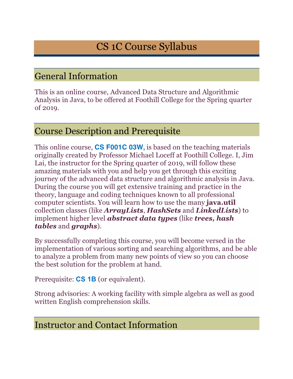 CS 1C Course Syllabus