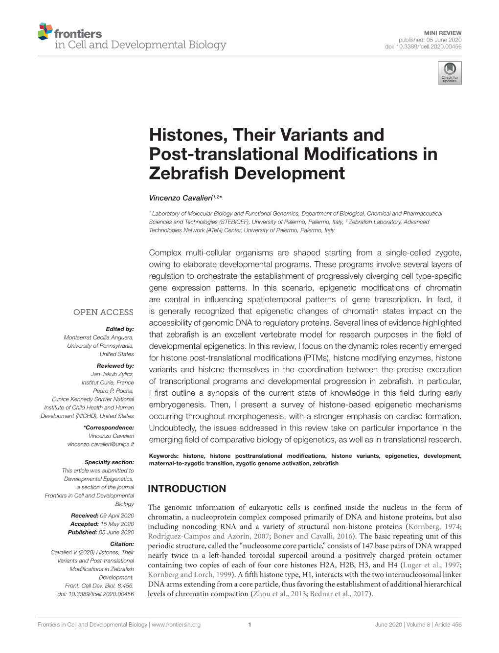 Histones, Their Variants and Post-Translational Modifications in Zebrafish Development