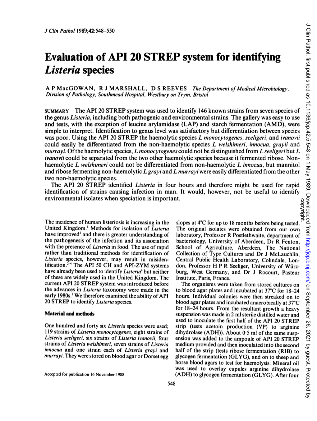 Evaluation of API 20 STREP System for Identifying Listeria Species