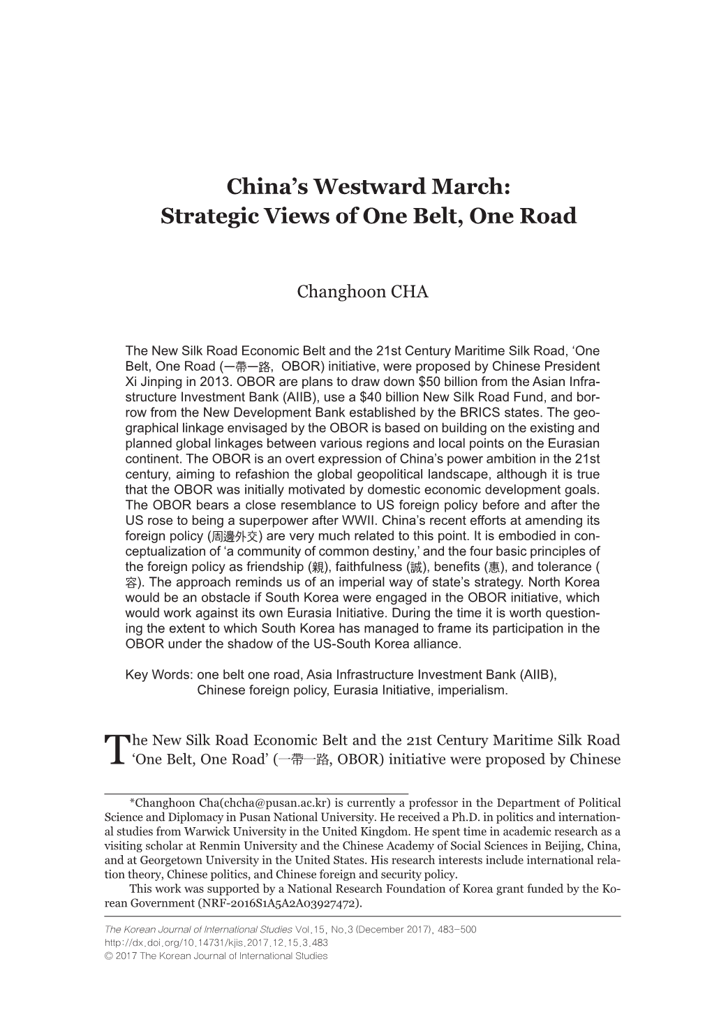 China's Westward March: Strategic Views of One Belt, One Road