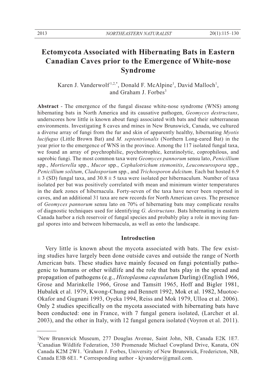 Ectomycota Associated with Hibernating Bats in Eastern Canadian Caves Prior to the Emergence of White-Nose Syndrome