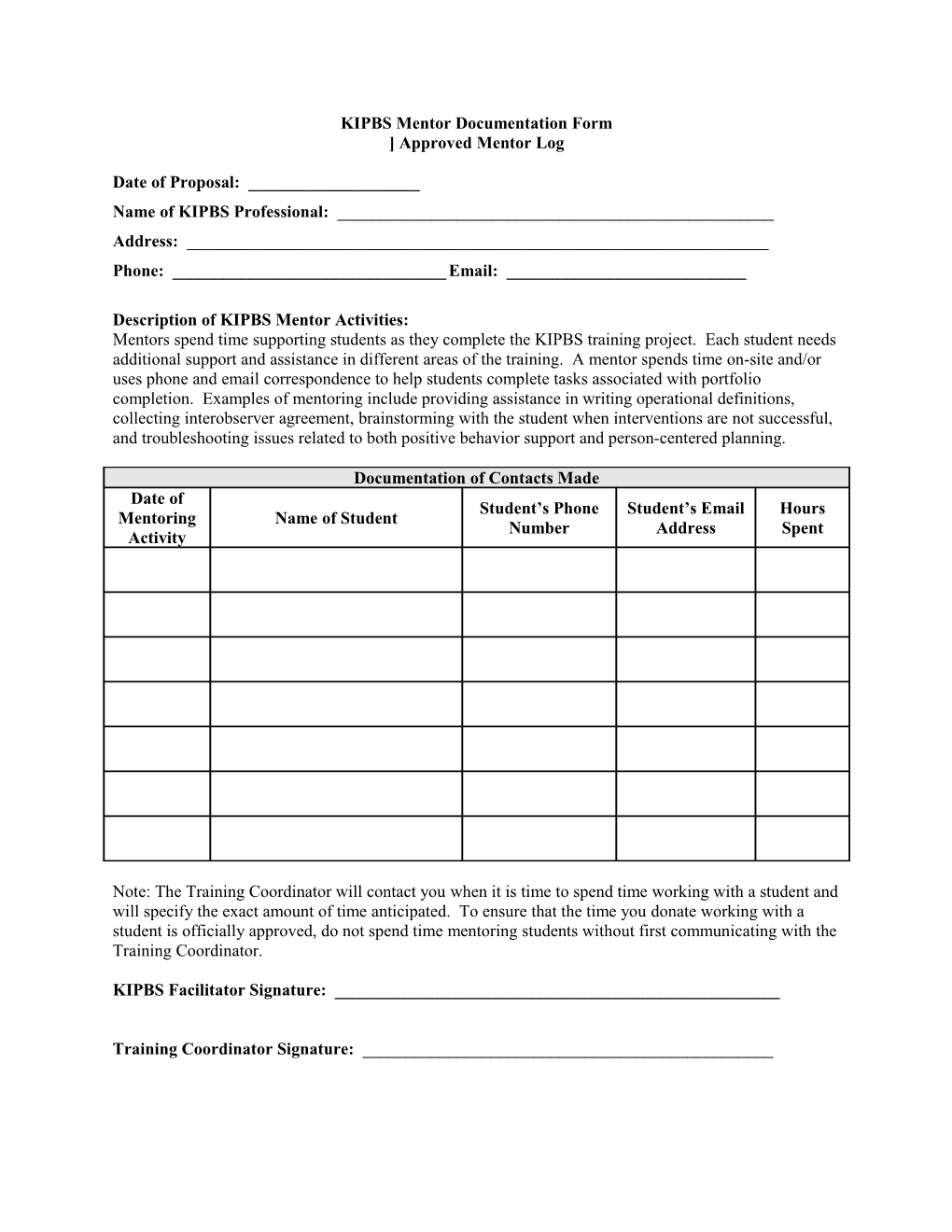 KIPBS Mentor Documentation Form