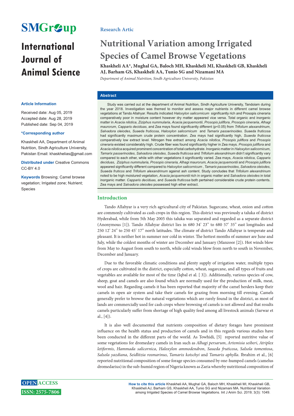 Nutritional Variation Among Irrigated Species of Camel Browse Vegetations