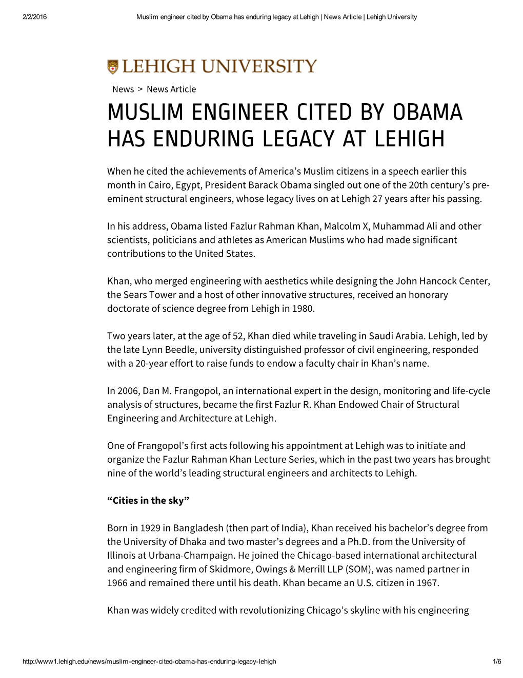 Muslim Engineer Cited by Obama Has Enduring Legacy at Lehigh | News Article | Lehigh University