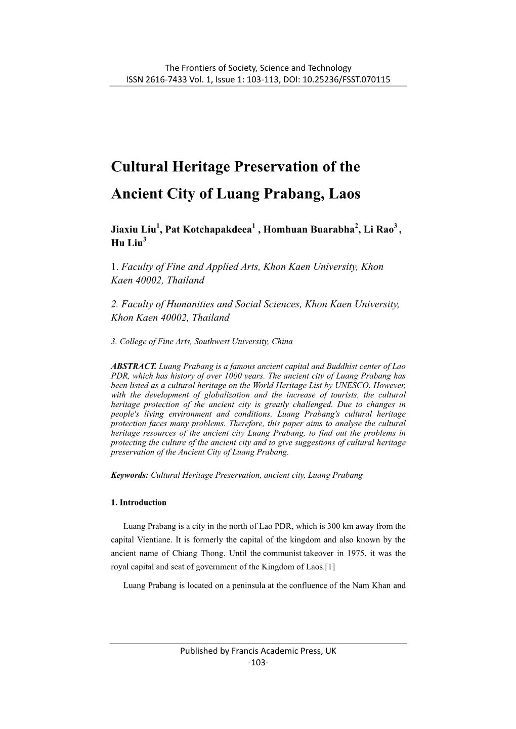 Cultural Heritage Preservation of the Ancient City of Luang Prabang, Laos