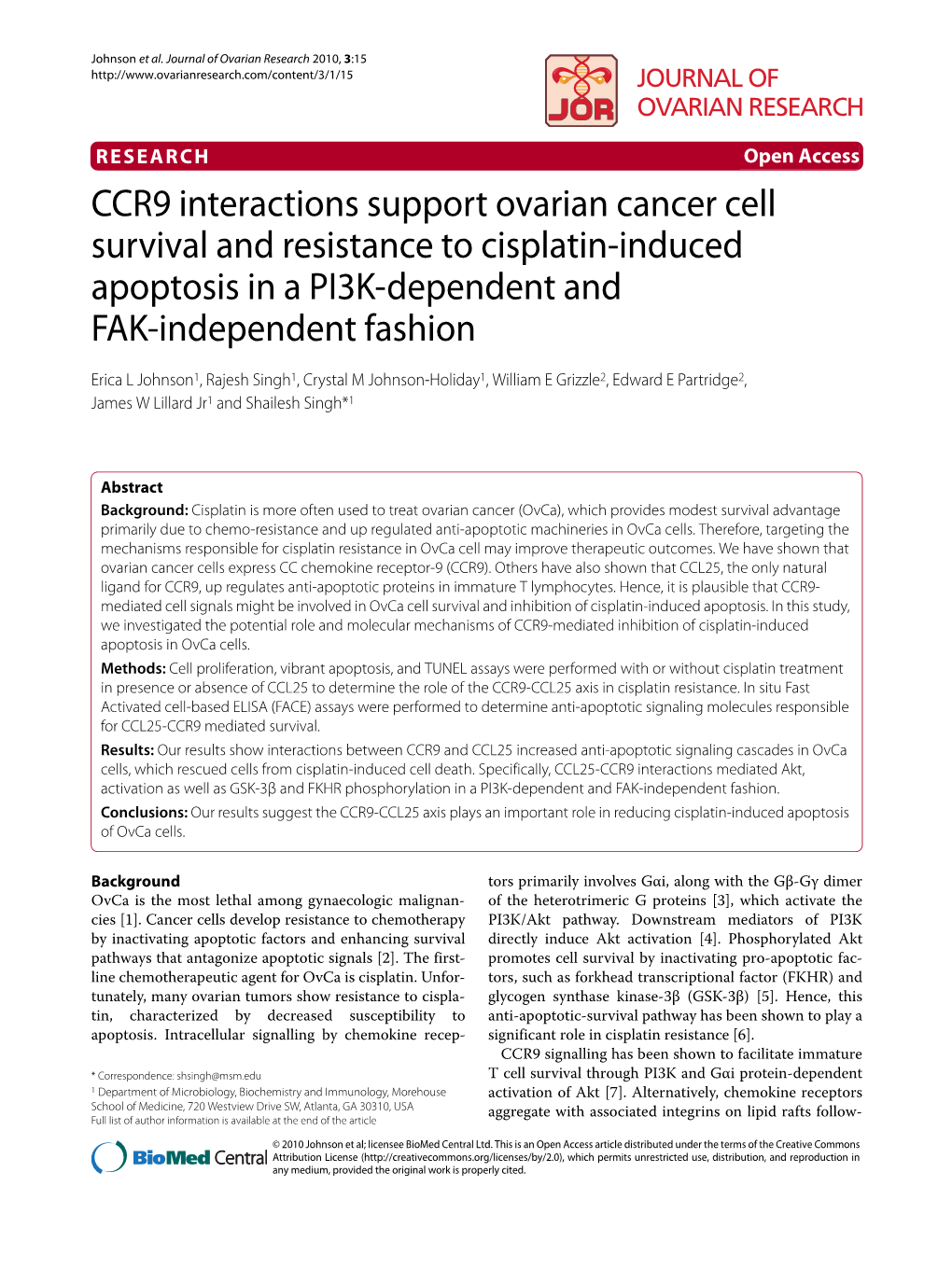 CCR9 Interactions Support Ovarian Cancer Cell Survival and Resistance