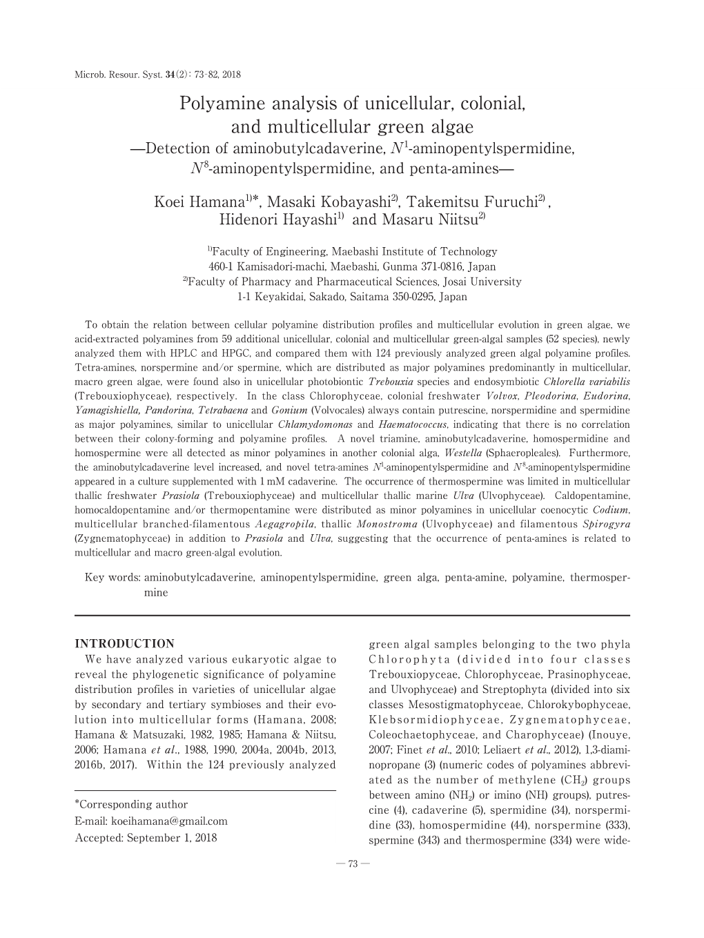 Polyamine Analysis of Unicellular, Colonial, and Multicellular Green