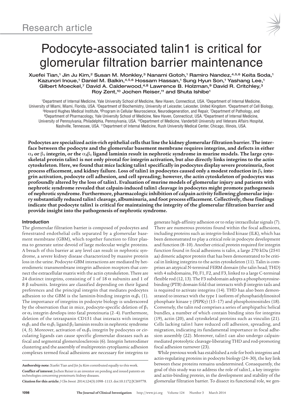 Podocyte-Associated Talin1 Is Critical for Glomerular Filtration Barrier Maintenance Xuefei Tian,1 Jin Ju Kim,2 Susan M