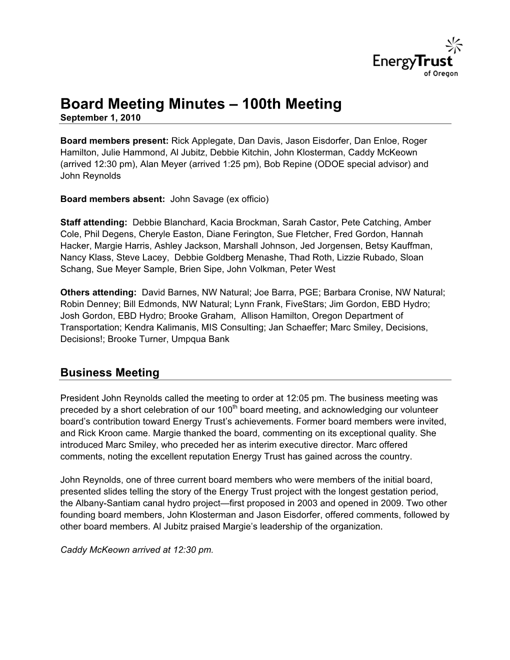 Board Meeting Minutes – 100Th Meeting September 1, 2010