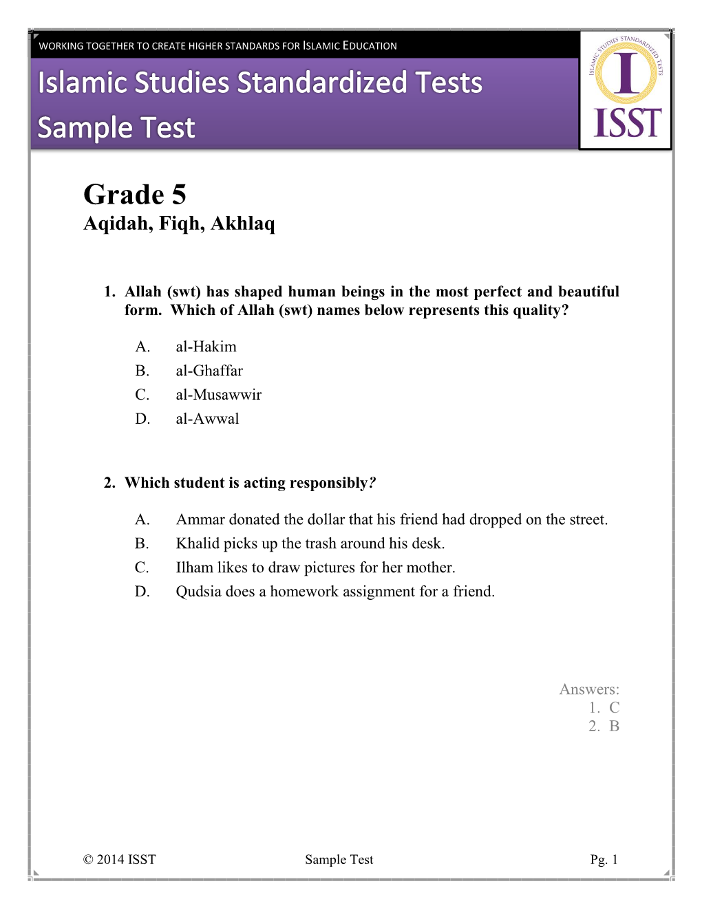 Print Grade 5 Sample Test