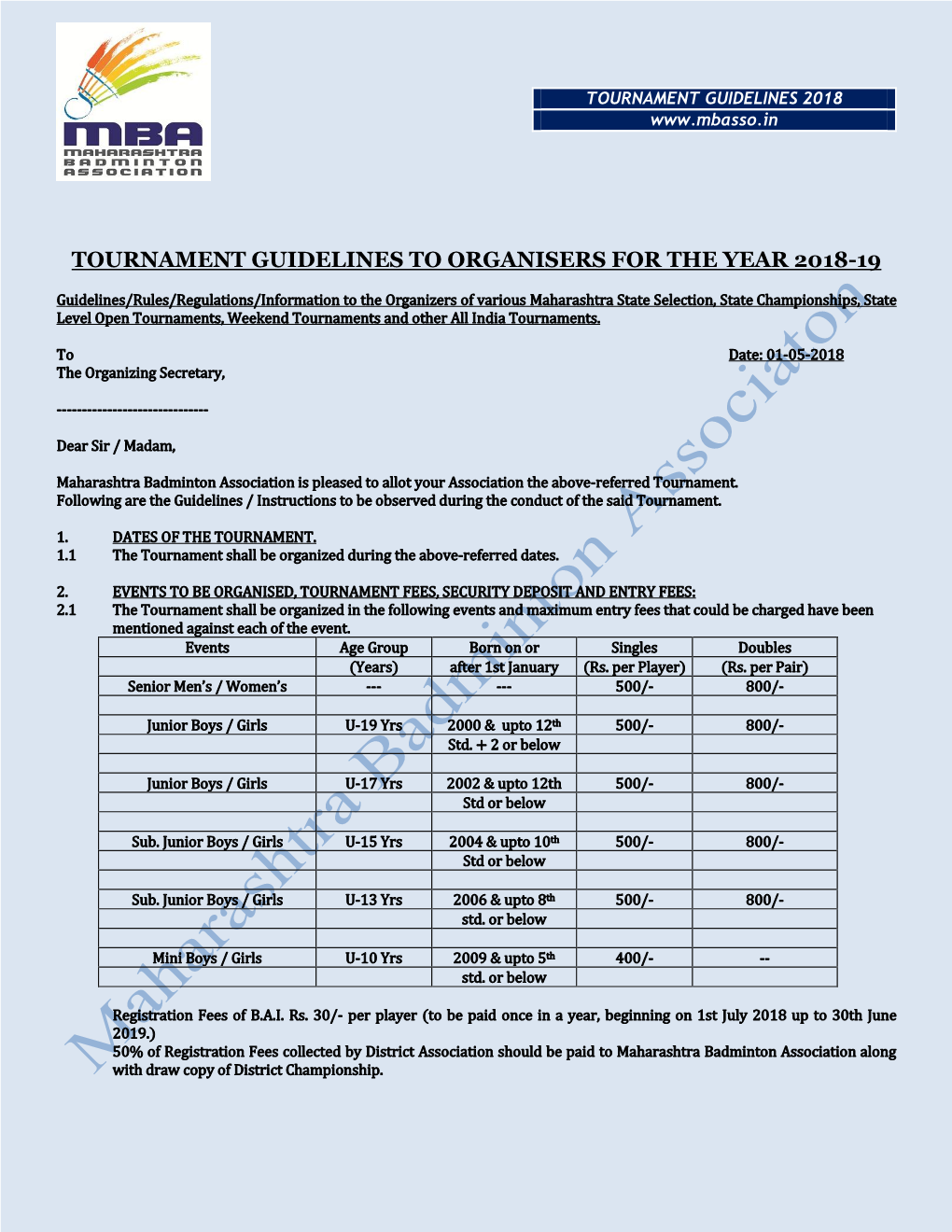 Tournament Guidelines to Organisers for the Year 2018-19