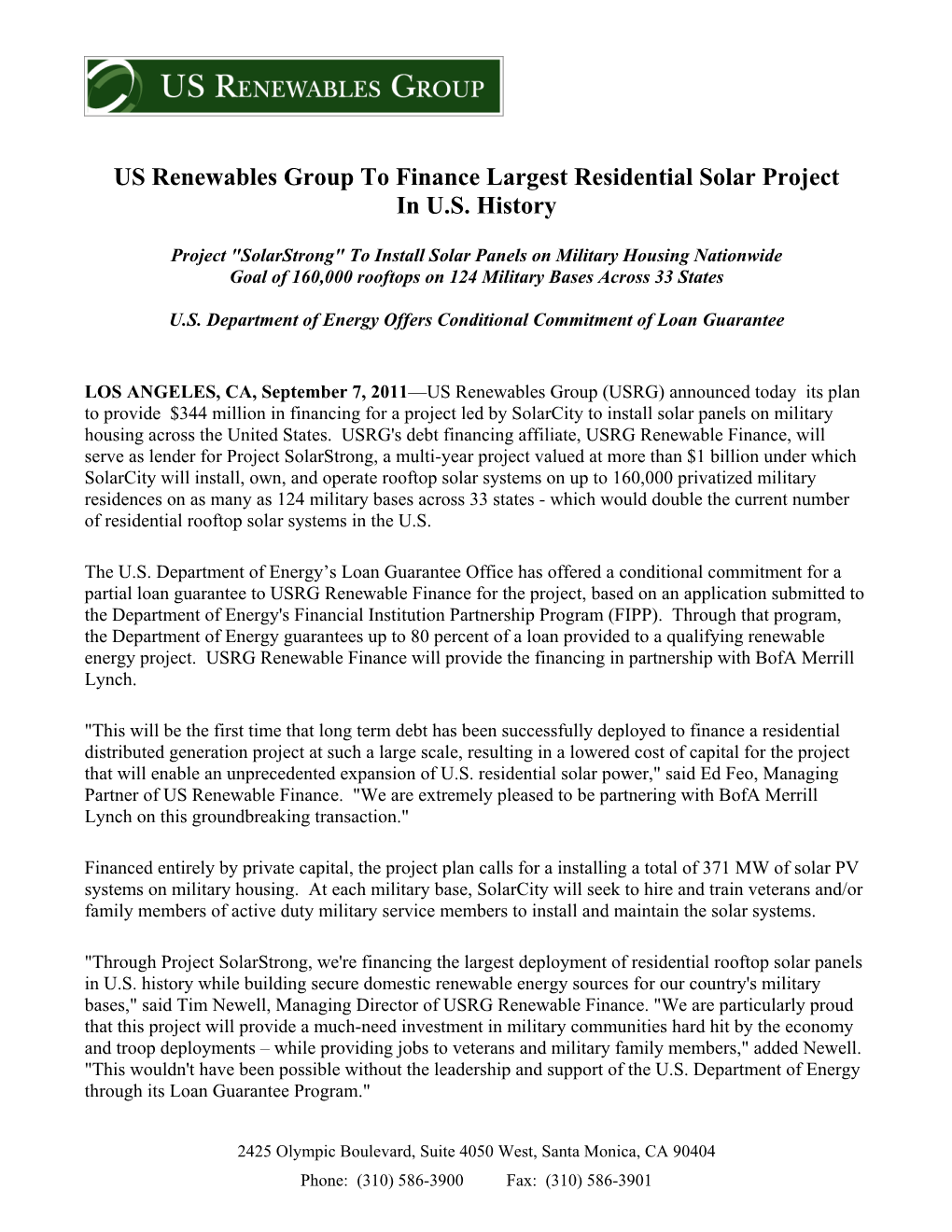 USRG Solarstrong Press Release