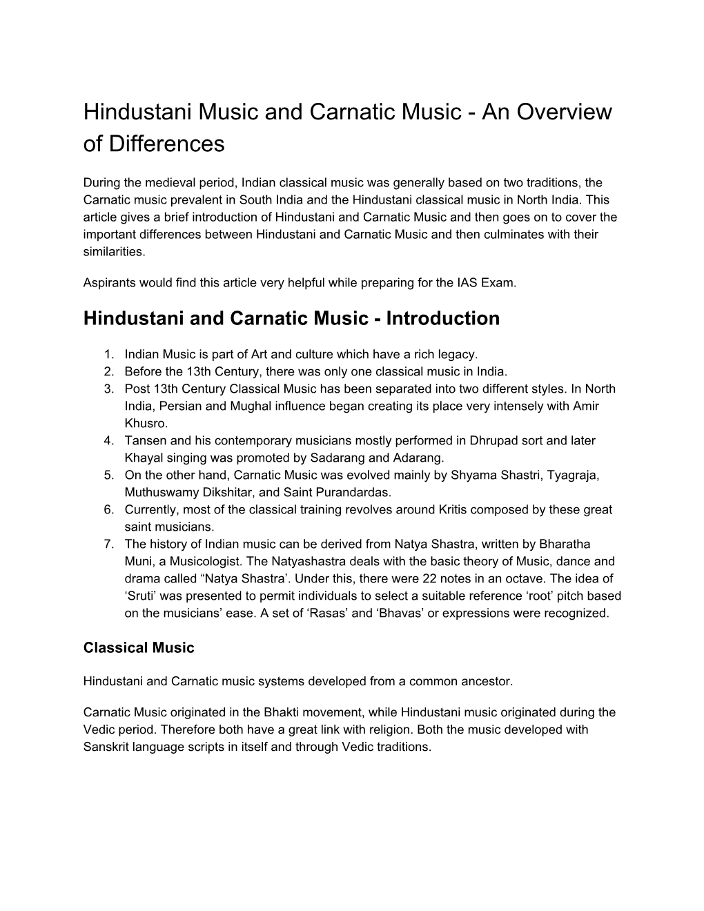 Hindustani Music and Carnatic Music - an Overview of Differences