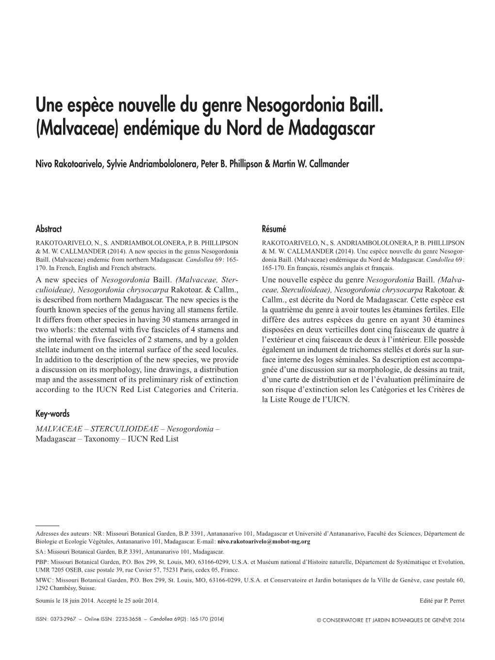 Une Espèce Nouvelle Du Genre Nesogordonia Baill. (Malvaceae) Endémique Du Nord De Madagascar