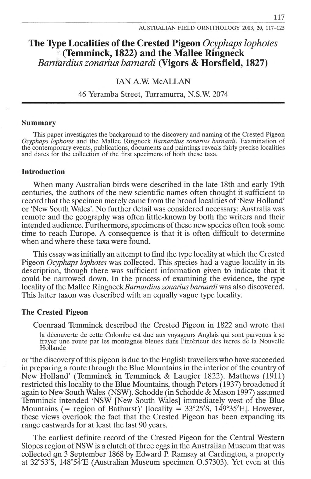 Jype Localities of the Crested Pigeon Ocyphaps Lop Hates -· (Temminck, 1822) and the Mallee Ringneck Bamardius Zonarius Bamardi (Vigors & Horsfield, 1827)