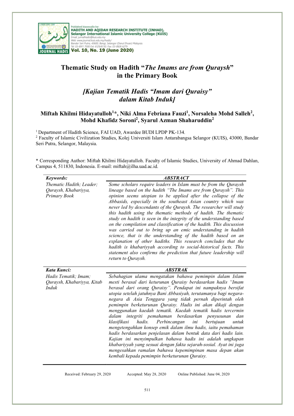 Thematic Study on Hadith “The Imams Are from Quraysh” in the Primary Book